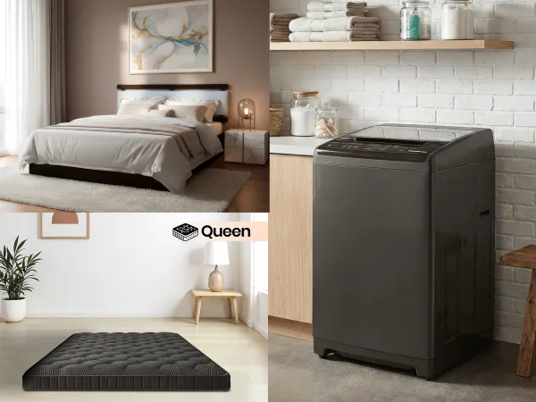 Crest Queen Size Double Bed With Premium Foam Mattress Queen Size (78 x 60 x 4 inches) With Washing Machine Top Load